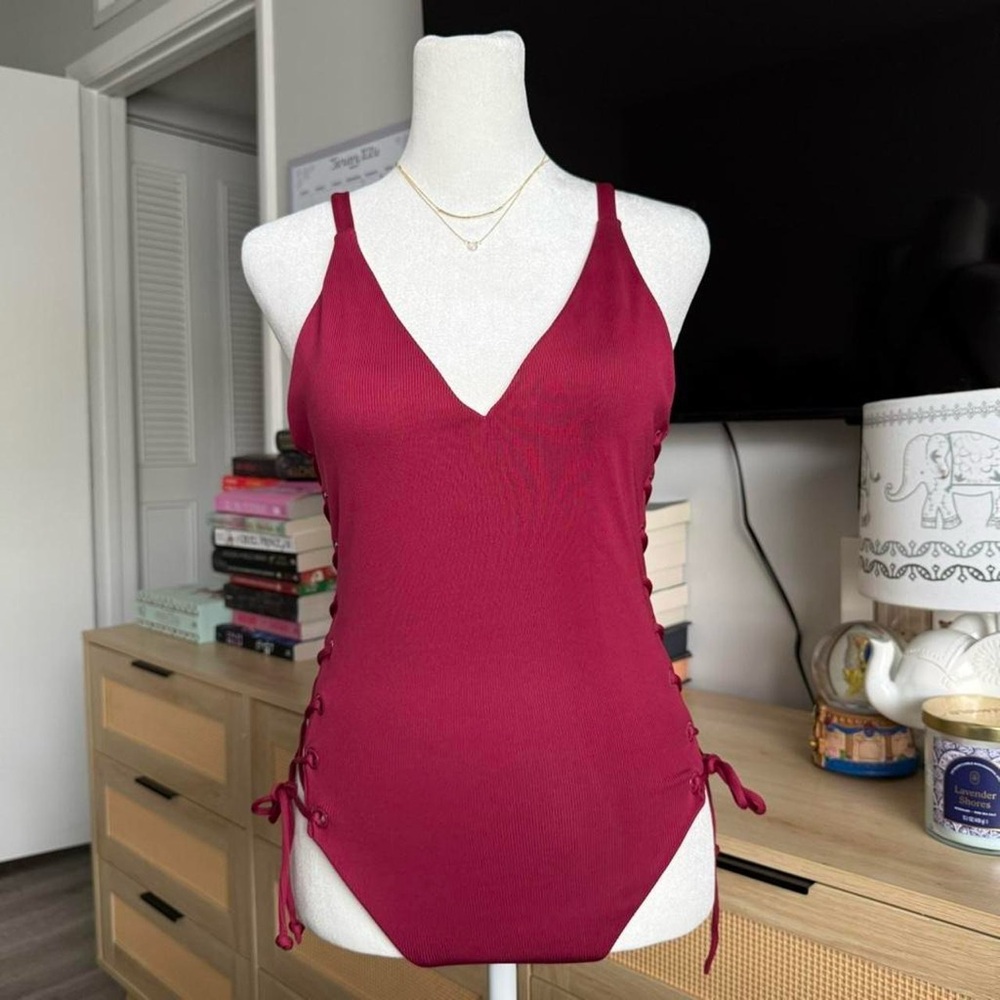 l.a hearts maroon lace up one piece swimsuit